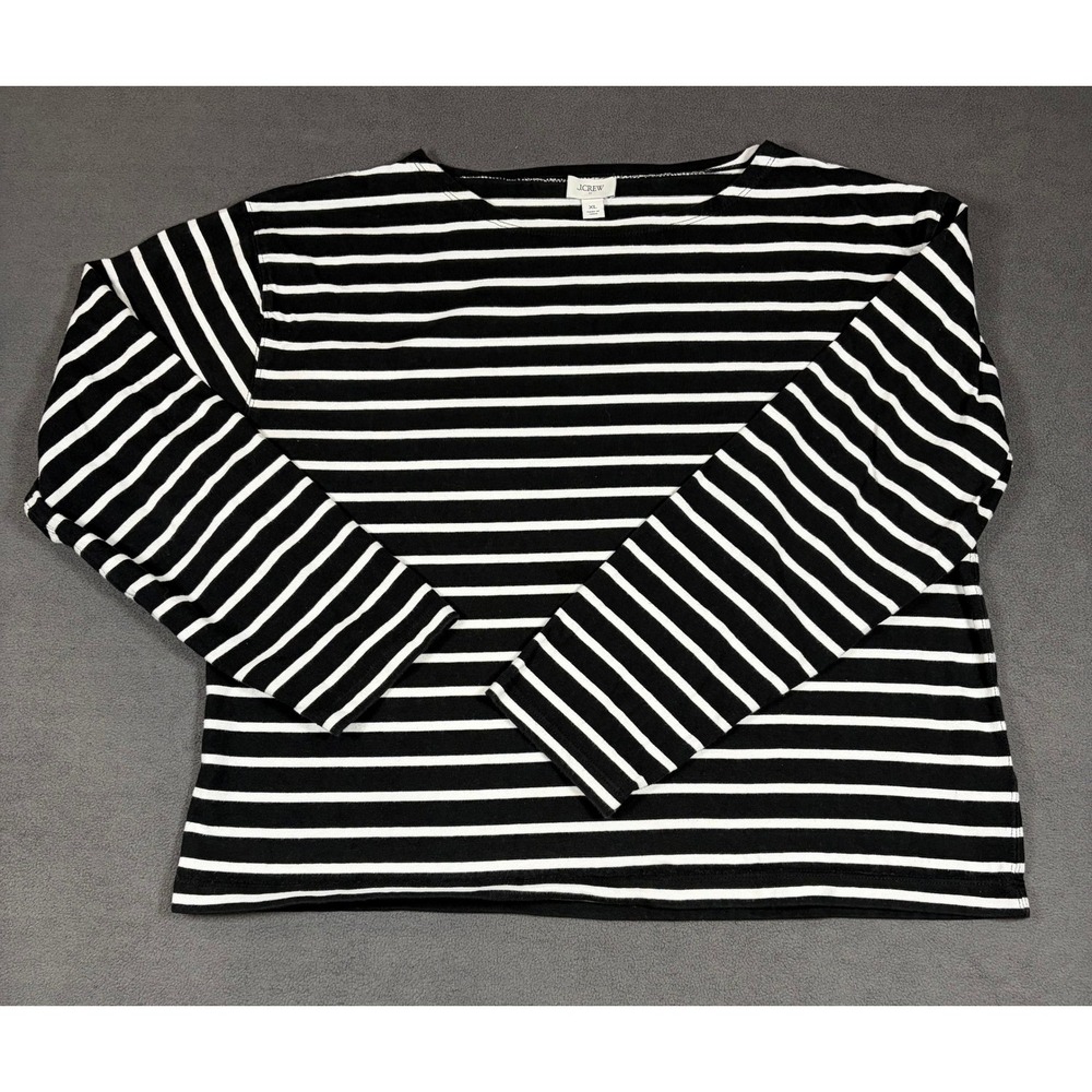 J.Crew T-Shirt Women XL Black White Striped Boat Neck Long Sleeve Cotton